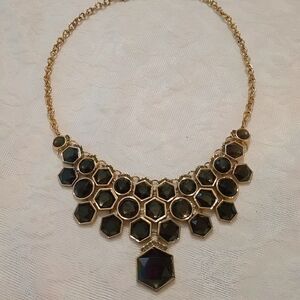 Vintage Black Hexagon Statement Necklace Gold Tone Bib